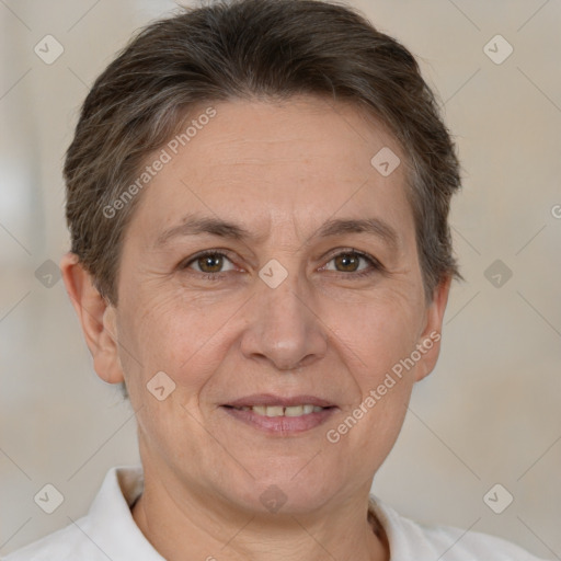 Joyful white adult female with short  brown hair and brown eyes