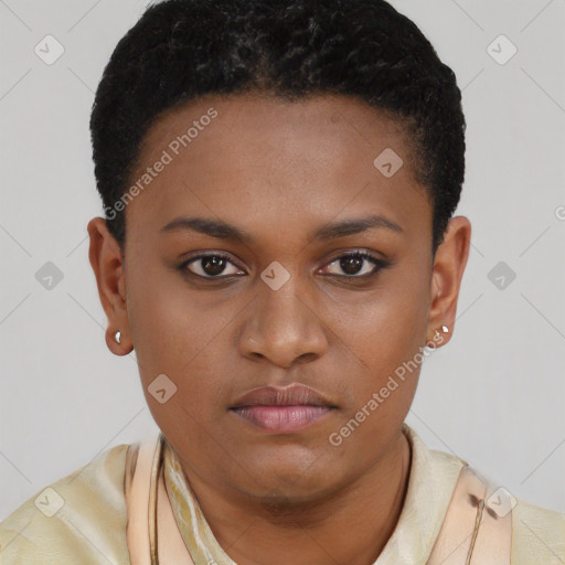 Neutral black young-adult female with short  brown hair and brown eyes
