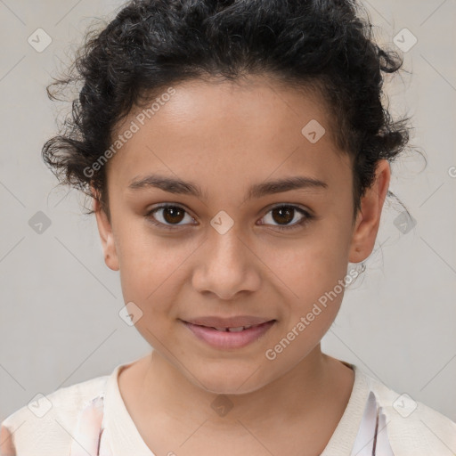 Joyful white child female with short  brown hair and brown eyes