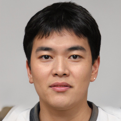 Neutral asian young-adult male with short  black hair and brown eyes