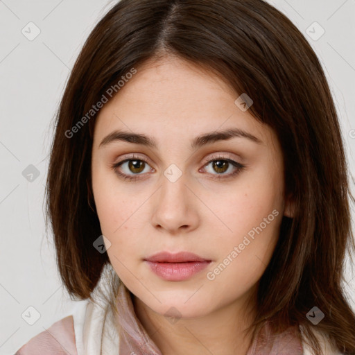 Neutral white young-adult female with medium  brown hair and brown eyes