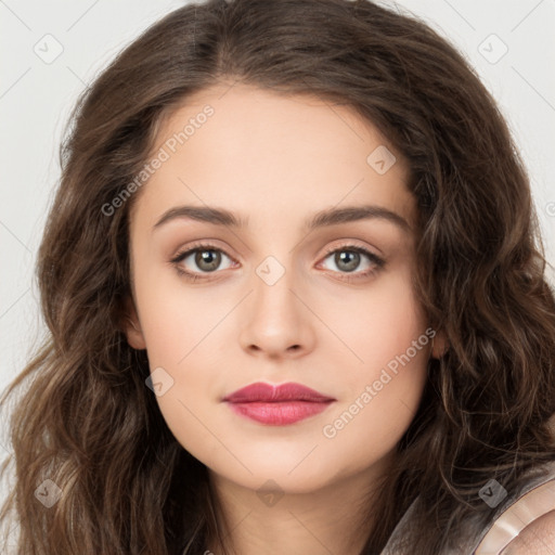 Neutral white young-adult female with long  brown hair and brown eyes