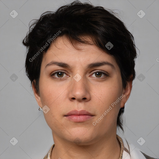 Neutral white young-adult female with short  brown hair and brown eyes