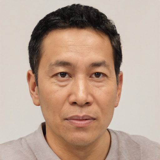 Neutral asian adult male with short  black hair and brown eyes