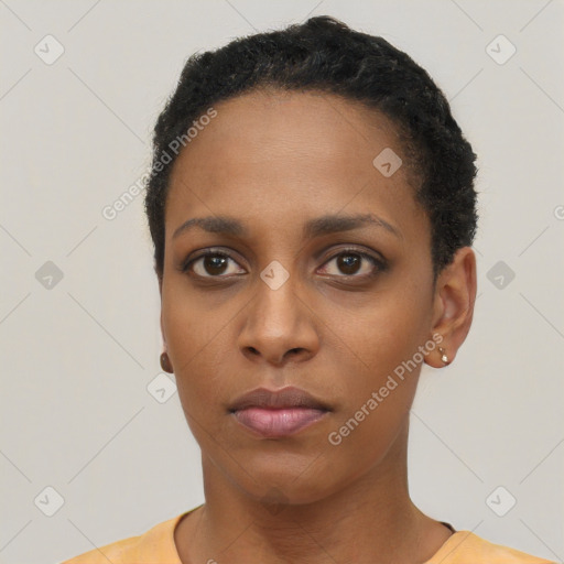 Neutral black young-adult female with short  black hair and brown eyes