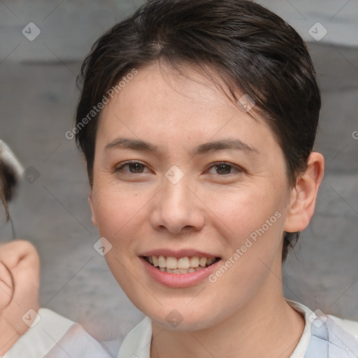 Joyful white young-adult female with short  brown hair and brown eyes