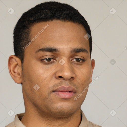 Neutral latino young-adult male with short  black hair and brown eyes