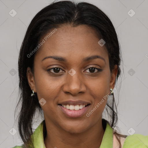 Joyful latino young-adult female with medium  brown hair and brown eyes