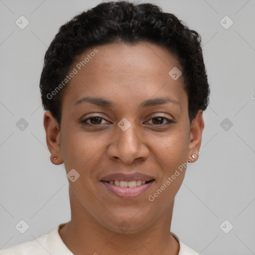 Joyful latino young-adult female with short  brown hair and brown eyes