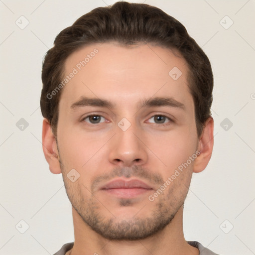 Neutral white young-adult male with short  brown hair and brown eyes