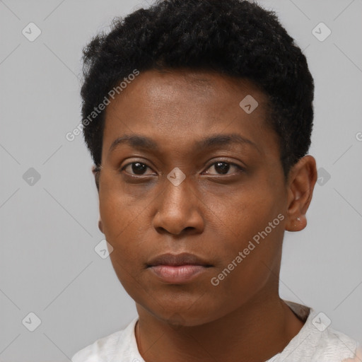 Neutral black young-adult female with short  black hair and brown eyes