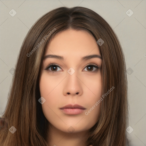 Neutral white young-adult female with long  brown hair and brown eyes