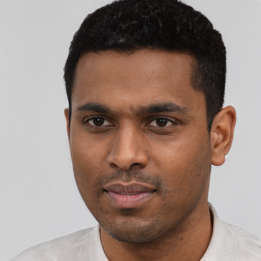 Neutral latino young-adult male with short  black hair and brown eyes
