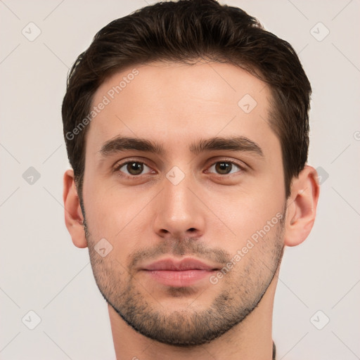 Neutral white young-adult male with short  brown hair and brown eyes