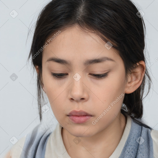 Neutral asian young-adult female with medium  brown hair and brown eyes