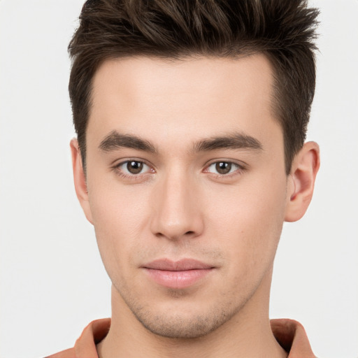 Neutral white young-adult male with short  brown hair and brown eyes