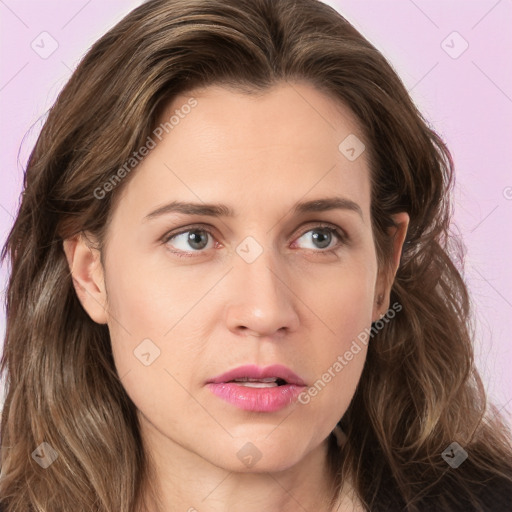 Neutral white young-adult female with long  brown hair and grey eyes