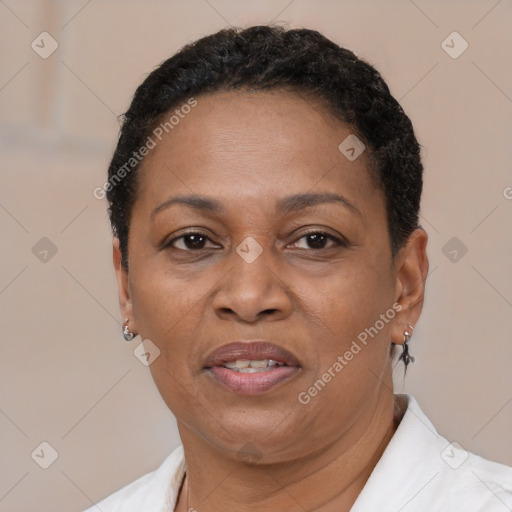 Joyful black adult female with short  brown hair and brown eyes