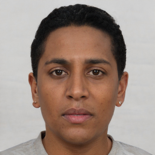 Neutral black young-adult male with short  black hair and brown eyes