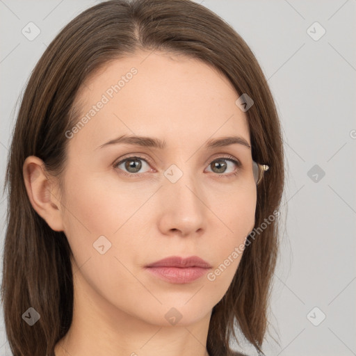 Neutral white young-adult female with long  brown hair and grey eyes