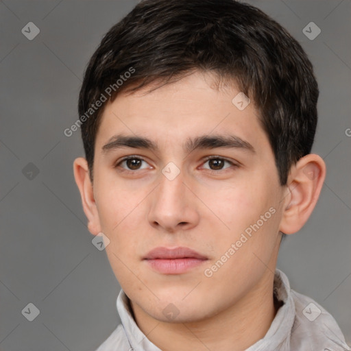 Neutral white young-adult male with short  brown hair and brown eyes