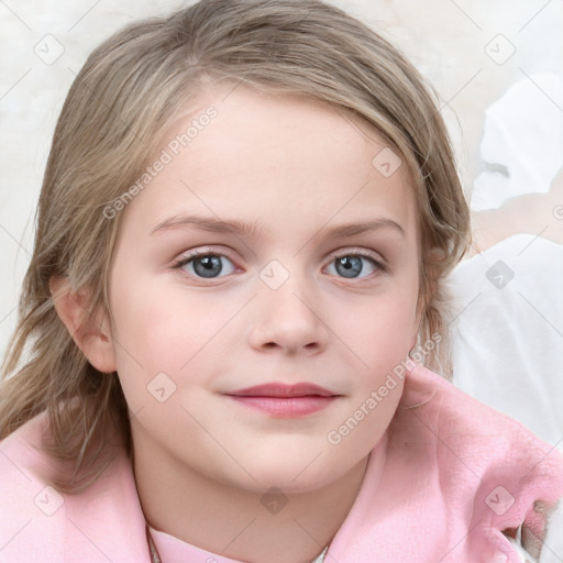 Joyful white child female with medium  brown hair and blue eyes