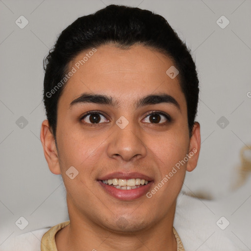 Joyful latino young-adult male with short  brown hair and brown eyes