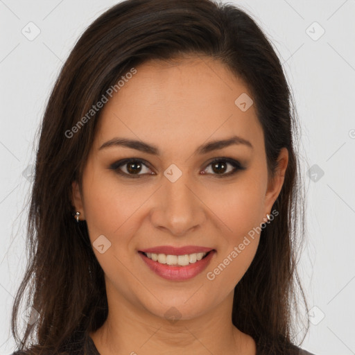 Joyful white young-adult female with long  brown hair and brown eyes