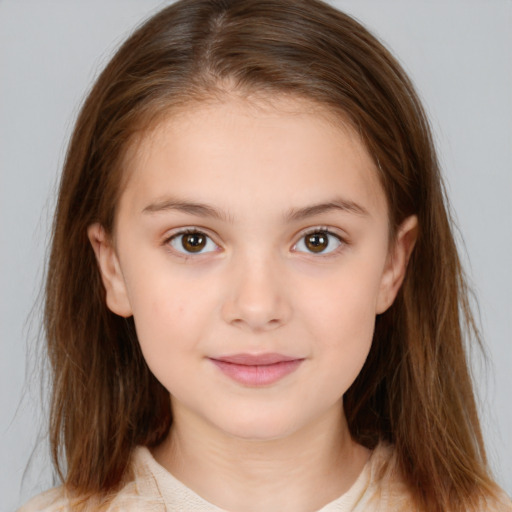 Joyful white child female with medium  brown hair and brown eyes