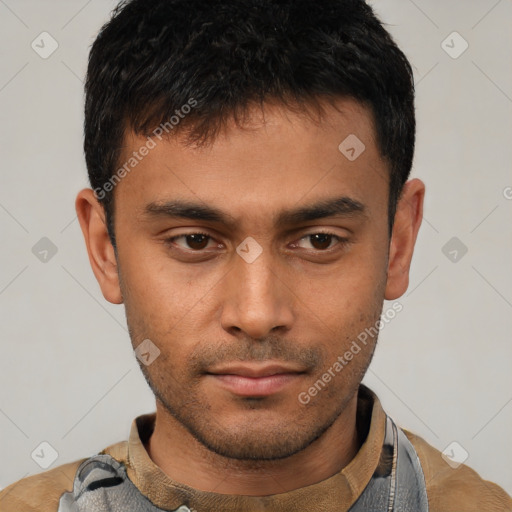 Neutral latino young-adult male with short  brown hair and brown eyes
