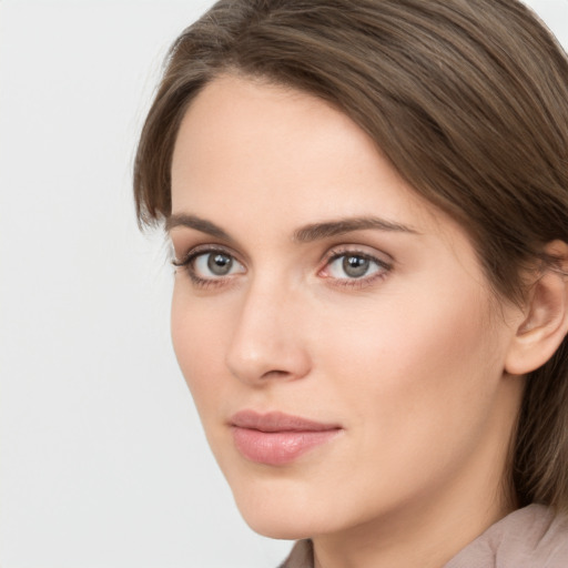 Neutral white young-adult female with medium  brown hair and grey eyes