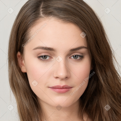 Neutral white young-adult female with long  brown hair and brown eyes