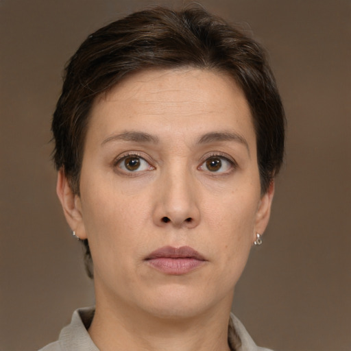 Neutral white adult female with short  brown hair and brown eyes