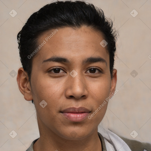 Joyful latino young-adult male with short  brown hair and brown eyes