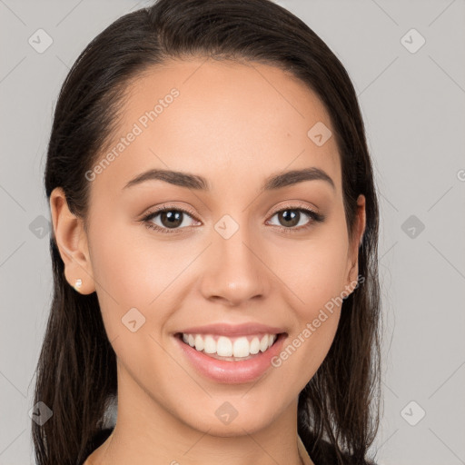 Joyful white young-adult female with long  brown hair and brown eyes