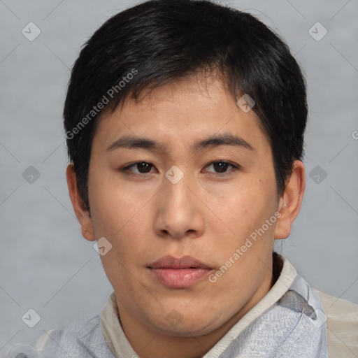 Neutral asian young-adult male with short  brown hair and brown eyes