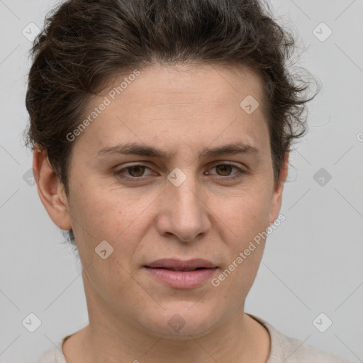 Joyful white adult female with short  brown hair and brown eyes