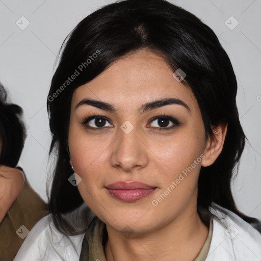 Joyful asian young-adult female with medium  black hair and brown eyes