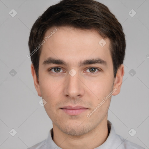 Neutral white young-adult male with short  brown hair and brown eyes