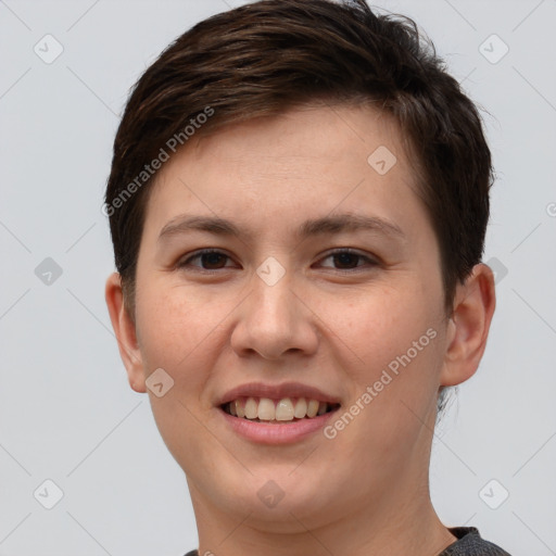 Joyful white young-adult female with short  brown hair and brown eyes