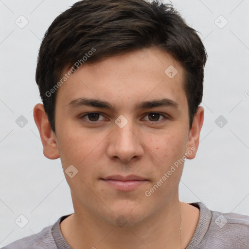 Neutral white young-adult male with short  brown hair and brown eyes