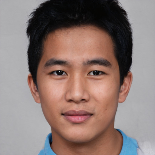 Neutral asian young-adult male with short  black hair and brown eyes