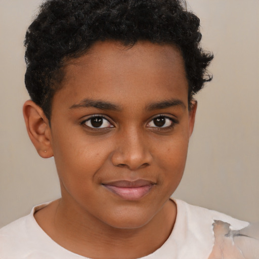 Joyful black child female with short  brown hair and brown eyes
