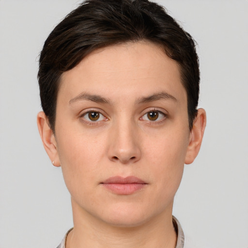 Neutral white young-adult female with short  brown hair and brown eyes