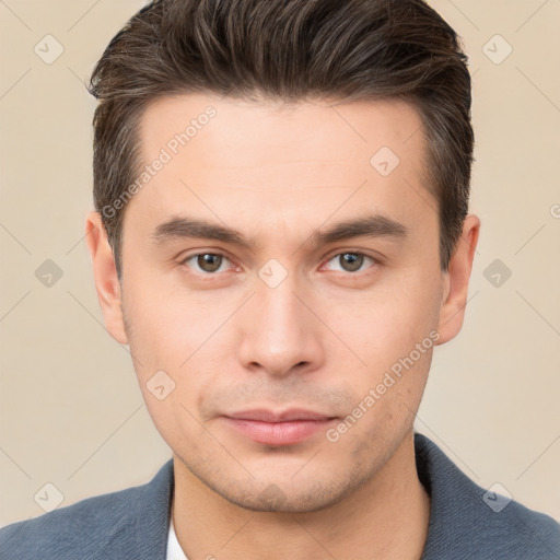 Neutral white young-adult male with short  brown hair and brown eyes