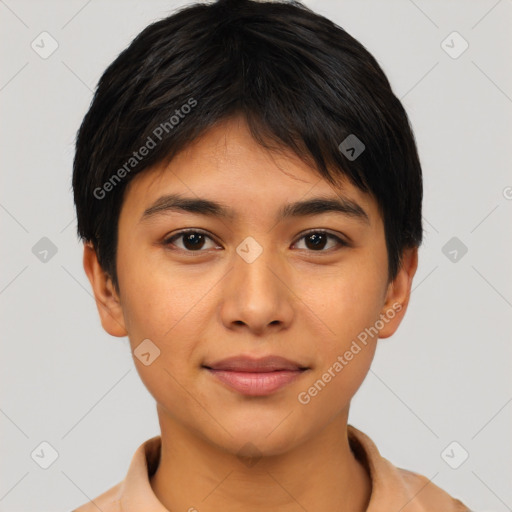 Joyful latino young-adult female with short  brown hair and brown eyes