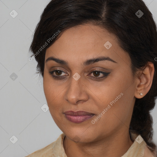 Joyful white young-adult female with medium  brown hair and brown eyes