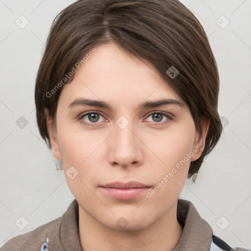 Neutral white young-adult female with short  brown hair and brown eyes