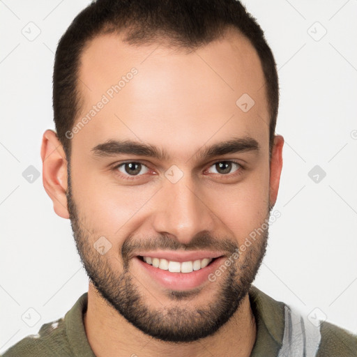 Joyful white young-adult male with short  brown hair and brown eyes