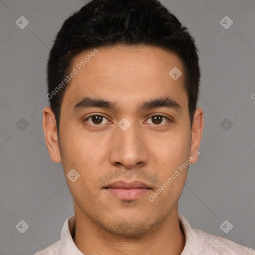 Neutral latino young-adult male with short  black hair and brown eyes